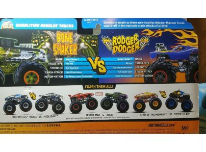 Mattel Hot Wheels Monster trucks demoliční duo Bone Shaker VS Rodger Dodger