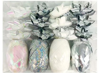 Anděl Přerov Sada na balení dárků stříbrná, rozeta 5 x 2 x 5 cm 12 ks, stuha 0,5 cm x 10 m 4 ks