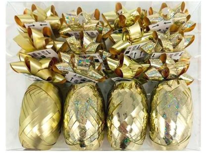 Anděl Přerov Sada na balení dárků zlatá, rozeta 5 x 2 x 5 cm 12 ks, stuha 0,5 cm x 10 m 4 ks