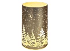 Anděl Přerov Svítící skleněný válec s motivem krajiny zlatý, 12,8 x 7,5 cm, teplá bílá, 10 LED, časovač