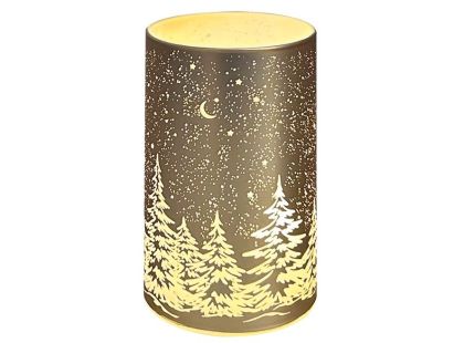 Anděl Přerov Svítící skleněný válec s motivem krajiny zlatý, 12,8 x 7,5 cm, teplá bílá, 10 LED, časovač