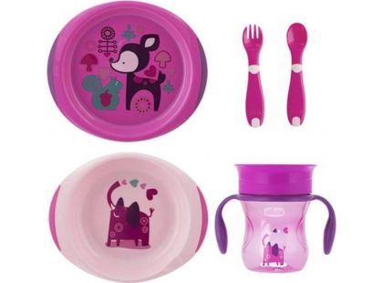 Chicco Jídelní set talíř, příbor a hrnek růžový