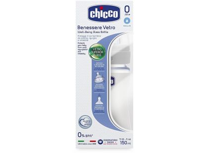 Chicco Láhev Well-Being 150 ml skleněná, silikonový dudlík, bílá