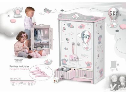 DeCuevas 54035 Dřevěná šatní skříň pro panenky se zásuvkami a doplňky SKY 2019