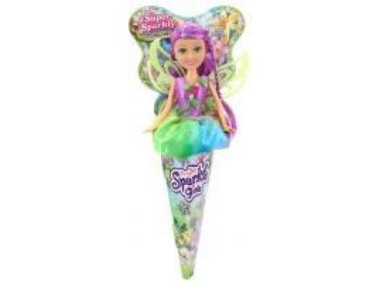 Funville Víla Sparkle Girlz květinová s křídly v kornoutu duhová sukně, fialové vlas,zelená křídla