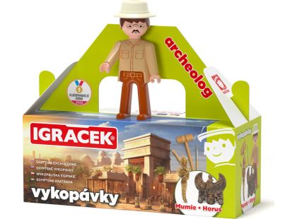 Igráček Archeolog - figurka s egyptskými vykopávkami mumie a sošky boha Hora