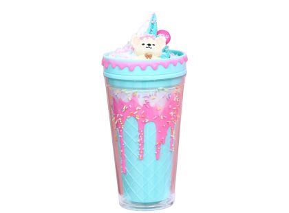 Kelímek s víčkem a brčkem Zmrzlinový Medvídek 480ml modrý