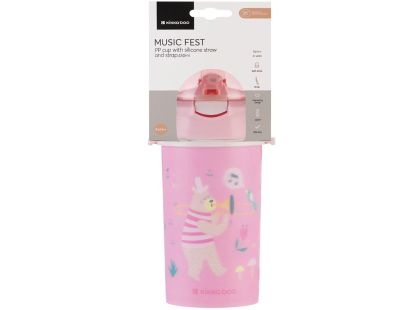 KikkaBoo Hrnek se silikonovým brčkem a popruhem 450ml Music Fest Pink
