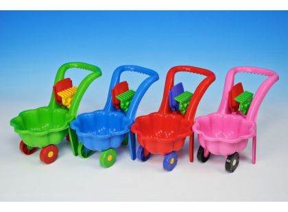 Kolečko na písek s lopatkou a hrabičkami červené