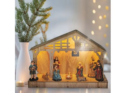 LED dřevěný betlém, 30 x 21 cm, 7 x LED, 2 x AA