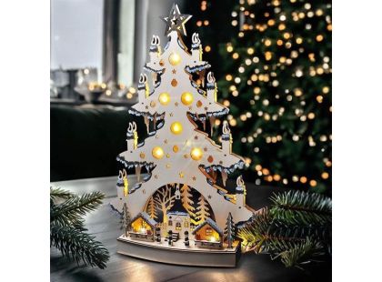 LED dřevěný vánoční stromek s dekoracemi, 23 x LED, přírodní barva, 64 cm, 2 x AA - Poškozený obal