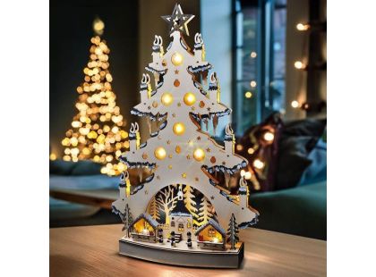 LED dřevěný vánoční stromek s dekoracemi, 23 x LED, přírodní barva, 64 cm, 2 x AA - Poškozený obal