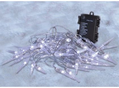 LED venkovní rampouchy, 50 LED, časovač, 8 funkcí, IP44, 3 x AA baterie