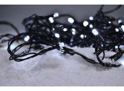 LED venkovní vánoční řetěz, 50 LED, 5 m, 30 cm přívod, 8 funkcí, IP44. 3 x AA, studená bílá