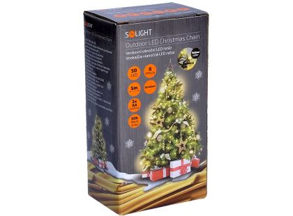 LED venkovní vánoční řetěz, 50 LED, 5 m, 30 cm přívod, 8 funkcí, IP44, 3 x AA, teplá bílá