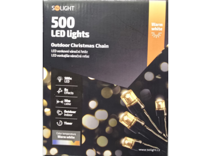 LED venkovní vánoční řetěz, 500 LED, 50 m, přívod 5 m, 8 funkcí, časovač, IP44, teplá bílá
