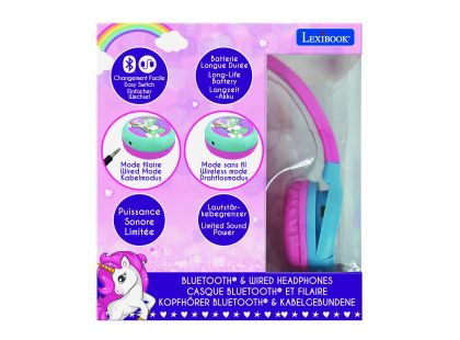 Lexibook 2v1 bluetooth skládací sluchátka Jednorožec s limitem hlasitosti