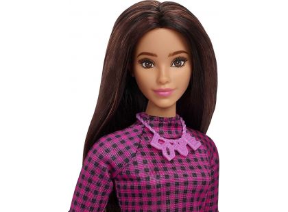 Mattel Barbie modelka černo-růžové kostkované šaty