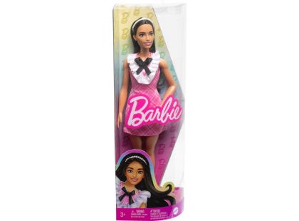 Mattel Barbie modelka růžové kostkované šaty s černou mašlí