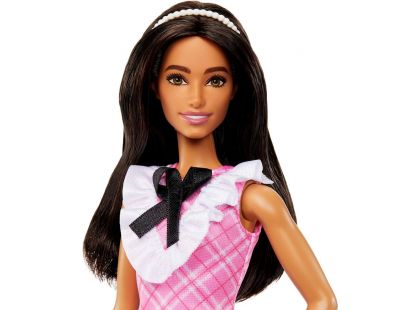 Mattel Barbie modelka růžové kostkované šaty s černou mašlí