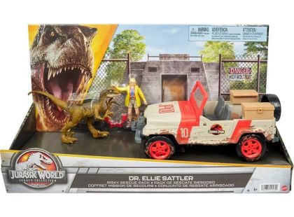 Mattel Jurassic World Ellie Sattlerová s autem a dinosaurem HLN16
