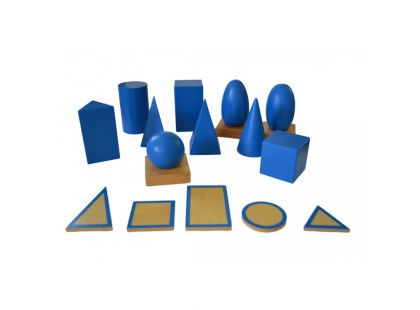 Montessori Geometrická tělesa s podstavci a krabicí