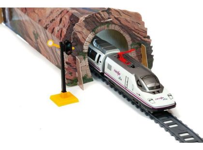 Pequetren Vysokorychlostní vlak Renfe Ave s horským tunelem a stanicí