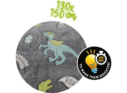 Plyšová deka Dinosaurus svítící ve tmě 130 x 150 cm šedivá