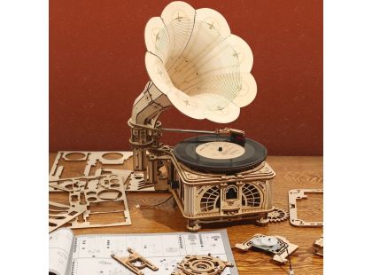 RoboTime 3D dřevěné mechanické puzzle Gramofon (elektrický pohon)