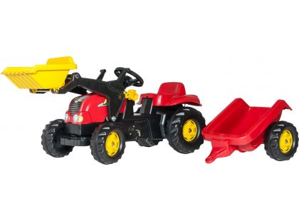 Rolly Toys Šlapací traktor Rolly Kid s přívěsem a nakladačem Červený