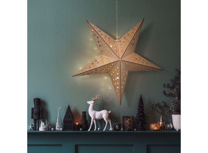 Solight LED dřevěná vánoční hvězda, závěsná, časovač, 20x LED, 65cm, 2x AA