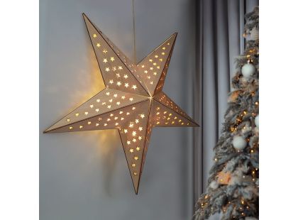 Solight LED dřevěná vánoční hvězda, závěsná, časovač, 20x LED, 65cm, 2x AA