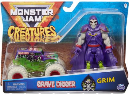 Spin Master Monster Jam kovové auto s figurkou Grave Digger a Grim bílé pneu