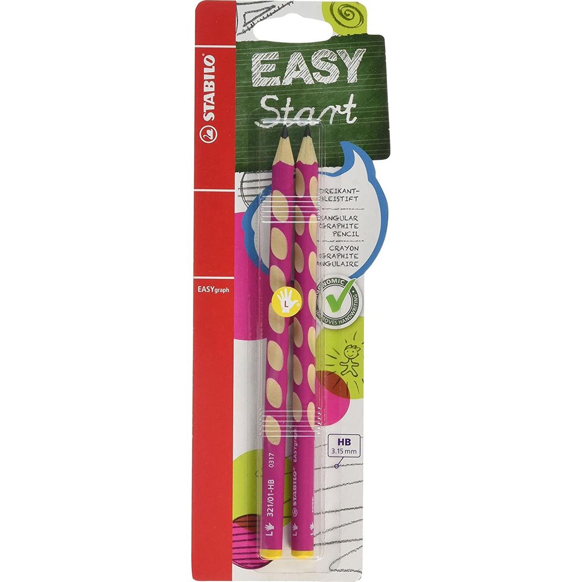 Ergonomická grafitová tužka pro leváky STABILO EASYgraph růžová HB - 2 ks blister