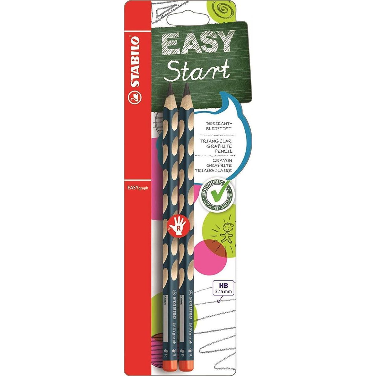Ergonomická grafitová tužka pro praváky STABILO EASYgraph petrolejová HB - 2 ks blister