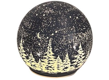 Svítící skleněná koule s motivem krajiny tmavě šedá, o 12 cm, teplá bílá, 10 LED, časovač