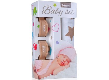 T-tomi Baby set: Bambusová BIO osuška béžové hvězdičky + kočárkový kolíček béžový