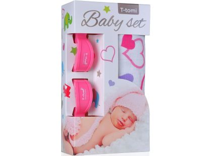 T-tomi Baby set: Bambusová BIO osuška srdíčka + kočárkový kolíček růžový