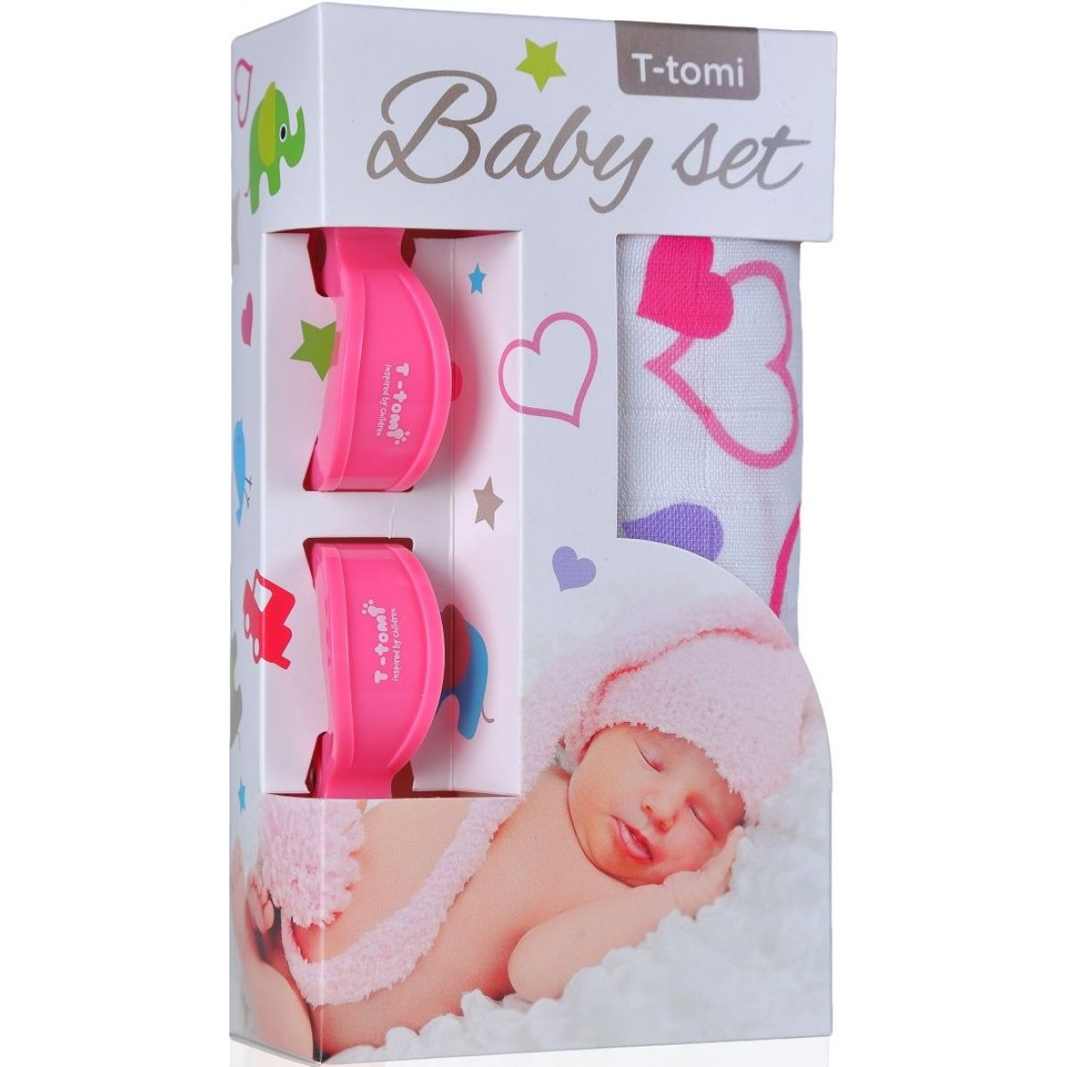 T-tomi Baby set: Bambusová BIO osuška srdíčka + kočárkový kolíček růžový