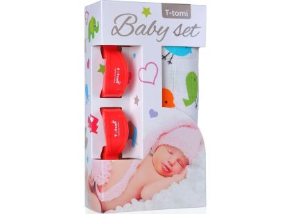 T-tomi Baby set: Bambusová BIO osuška ptáčci + kočárkový kolíček červený