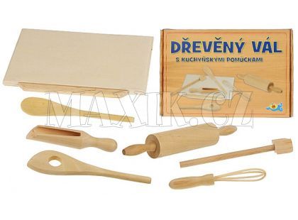 Teddies Vál dřevěný s válečkem a s kuchyňskými pomůcky