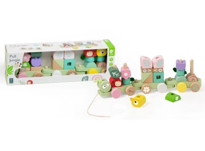 Teddies Vlak + 2 vagóny jungle dřevo tahací stavebnice 27 dílků v krabici 38x12x8cm 12m+