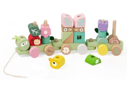 Teddies Vlak + 2 vagóny jungle dřevo tahací stavebnice 27 dílků v krabici 38x12x8cm 12m+