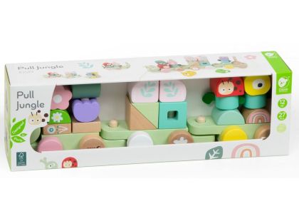 Teddies Vlak + 2 vagóny jungle dřevo tahací stavebnice 27 dílků v krabici 38x12x8cm 12m+
