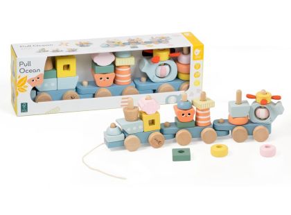 Teddies Vlak + 2 vagóny oceán dřevo tahací stavebnice 28 dílků v krabici 38x12x8cm 12m+