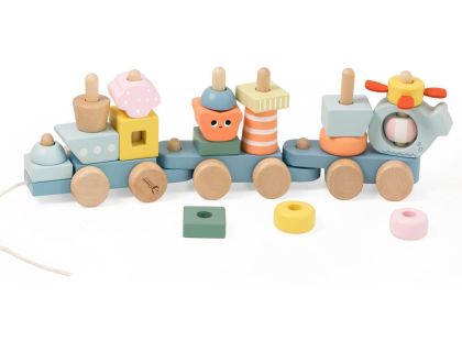 Teddies Vlak + 2 vagóny oceán dřevo tahací stavebnice 28 dílků v krabici 38x12x8cm 12m+