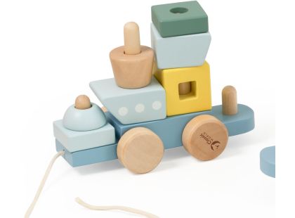 Teddies Vlak + 2 vagóny oceán dřevo tahací stavebnice 28 dílků v krabici 38x12x8cm 12m+