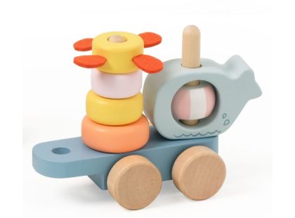 Teddies Vlak + 2 vagóny oceán dřevo tahací stavebnice 28 dílků v krabici 38x12x8cm 12m+