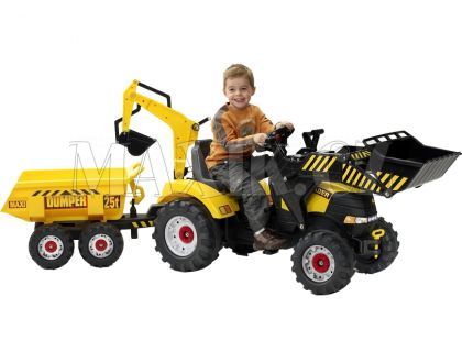 Falk Šlapací traktor žlutý s dvoukolovým valníkem a přední i zadní lžící