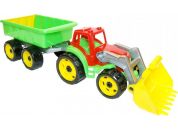 Traktor-nakladač-bagr s vlekem se lžící plast na volný chod zelená vlečka